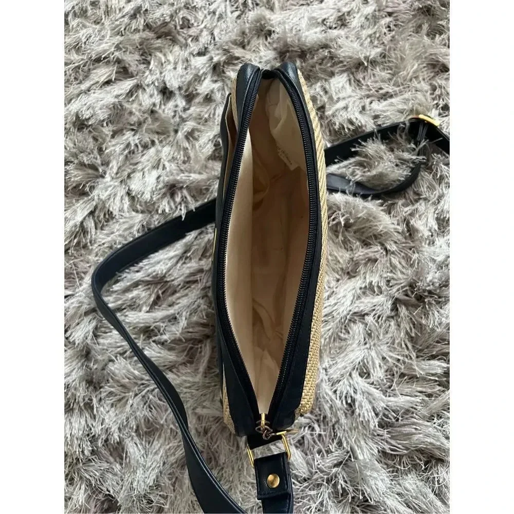 Eitenne Aiger Straw Crossbody Bag With Navy Blue Leather Straps Gold Hardware